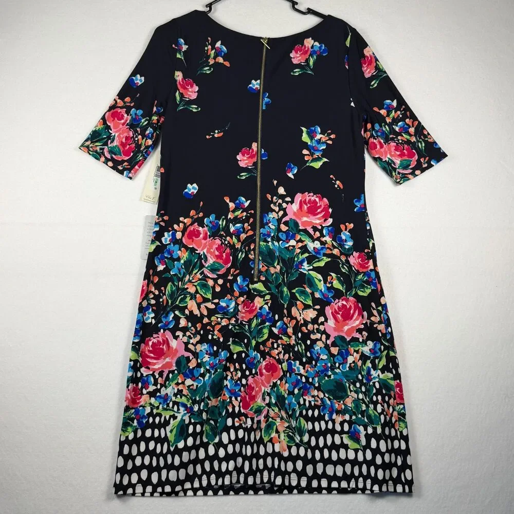 Eliza J Size 8 NWT Floral Polka Dot Shift Dress Navy Pink Blue Knee Length - Picture 9 of 10